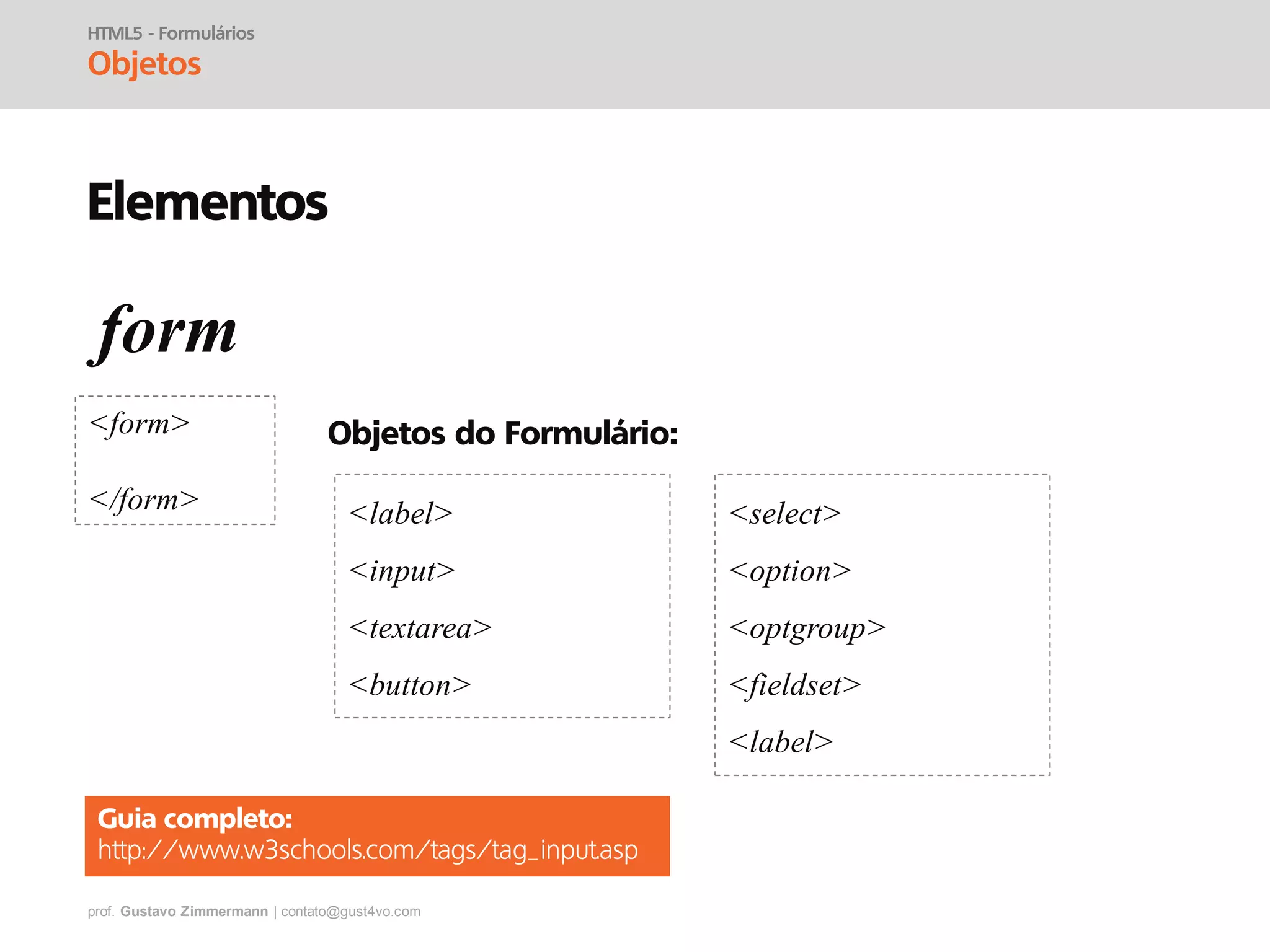 prof. Gustavo Zimmermann | contato@gust4vo.com
HTML5 - Formulários
Objetos
Elementos
form
<form>
</form>
Objetos do Formulário:
<label>
<input>
<textarea>
<button>
<select>
<option>
<optgroup>
<fieldset>
<label>
Guia completo:
http://www.w3schools.com/tags/tag_input.asp
 