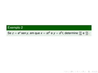 Exemplo 2
Se z = ex sen y, em que x = st2 e y = s2t, determine ∂z
∂s e ∂z
∂t .
 