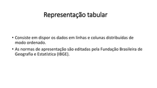 Representação tabular
• Consiste em dispor os dados em linhas e colunas distribuídas de
modo ordenado.
• As normas de apresentação são editadas pela Fundação Brasileira de
Geografia e Estatística (IBGE).
 