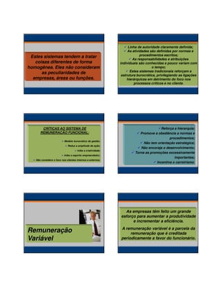 24/01/2014

Estes sistemas tendem a tratar
coisas diferentes de forma
homogênea. Eles não consideram
as peculiaridades de
empresas, áreas ou funções.

CRÍTICAS AO SISTEMA DE
REMUNERAÇÃO FUNCIONAL:
Modelo burocrático de gestão;
Reduz a amplitude de ação;
Inibe a criatividade;
Inibe o espírito empreendedor;
Não considera o foco nos clientes internos e externos;

Linha de autoridade claramente definida;
As atividades são definidas por normas e
procedimentos escritos;
As responsabilidades e atribuições
individuais são conhecidas e pouco variam com
o tempo;
Estes sistemas tradicionais reforçam a
estrutura burocrática, privilegiando as ligações
hierárquicas em detrimento do foco nos
processos críticos e no cliente.

Reforça a hierarquia;
Promove a obediência a normas e
procedimentos;
Não tem orientação estratégica;
Não encoraja o desenvolvimento;
Torna as promoções excessivamente
importantes;
Incentiva o carreirismo.

As empresas têm feito um grande
esforço para aumentar a produtividade
e incrementar a eficiência.

Remuneração
Variável

A remuneração variável é a parcela da
remuneração que é creditada
periodicamente a favor do funcionário.

4

 