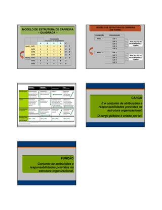 24/01/2014

MODELO DE ESTRUTURA DE CARREIRA
– QUADRADA –

MODELO DE ESTRUTURA DE CARREIRA
– EM TORRE –
PROMOÇÃO
NÍVEL 1

PROGRESSÃO
AVALIAÇÃO DE DESEMPENHO

PROGRESSÃO
CAT 1
CAT 2

A

B

C

D

P

Nível 1 CAT1

1

2

3

4

R

T

CAT2

2

3

4

5

O

E

CAT3

3

4

5

6

M

M

CAT4

4

5

6

7

O

P

CAT 2

Nível 2 CAT1

5

6

7

8

Ç

O

CAT 3

CAT2

6

7

8

9

Ã

CAT3

7

8

9

10

O

CAT 3
CAT 4

AVALIAÇÃO DE
DESEMPENHO +
TEMPO

CAT 5
NÍVEL 2

CAT 1

CAT 4

AVALIAÇÃO DE
DESEMPENHO +
TEMPO

CAT 5

CARGO
É o conjunto de atribuições e
responsabilidades previstas na
estrutura organizacional.
O cargo público é criado por lei.

FUNÇÃO
Conjunto de atribuições e
responsabilidades previstas na
estrutura organizacional.

7

 