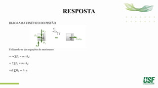 RESPOSTA
DIAGRAMA CINÉTICO DO PISTÃO
Utilizando-se das equações do movimento
+ → ∑𝐹𝑥 = 𝑚 ⋅ ത
𝑎𝑥:
+ ↑ ∑𝐹𝑦 = 𝑚 ⋅ ത
𝑎𝑦:
+↺ ∑𝑀𝐺 = 𝐼 ⋅ 𝛼:
 