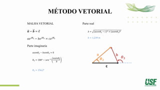MÉTODO VETORIAL
MALHA VETORIAL
𝒂 − 𝒃 = 𝒄
𝑎𝑒𝑗𝜃2 − 𝑏𝑒𝑗𝜃3 = 𝑐𝑒𝑗𝜃1
Parte imaginaria
𝑎𝑠𝑒𝑛𝜃2 − 𝑏𝑠𝑒𝑛𝜃3 = 0
𝜃3 = 180° − 𝑠𝑒𝑛−1
𝑎𝑠𝑒𝑛𝜃2
𝑏
𝜃3 = 156,2°
Parte real
𝑏 = 𝑎𝑐𝑜𝑠𝜃2 − 𝑐 2 + 𝑎𝑠𝑒𝑛𝜃2
2
𝑏 = 1,239 𝑚
a b
c
𝜽𝟐
𝜽𝟑
 
