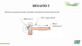 DESAFIO 3
Determine as equações de posição, velocidade e aceleração do mecanismo garfo escocês.
 