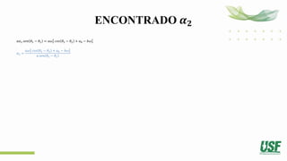 ENCONTRADO 𝜶𝟐
𝑎𝛼2 𝑠𝑒𝑛 𝜃3 − 𝜃2 = 𝑎𝜔2
2
𝑐𝑜𝑠 𝜃3 − 𝜃2 + 𝑎𝑏 − 𝑏𝜔3
2
𝛼2 =
𝑎𝜔2
2
𝑐𝑜𝑠 𝜃3 − 𝜃2 + 𝑎𝑏 − 𝑏𝜔3
2
𝑎 𝑠𝑒𝑛 𝜃3 − 𝜃2
 
