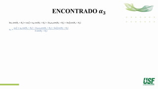 ENCONTRADO 𝜶𝟑
𝑏𝛼3 𝑠𝑒𝑛 𝜃3 − 𝜃2 = 𝑎𝜔2
2
+ 𝑎𝑏 𝑐𝑜𝑠 𝜃3 − 𝜃2 − 2𝑣𝑏𝜔3𝑠𝑒𝑛(𝜃3 − 𝜃2) − 𝑏𝜔3
2
𝑐𝑜𝑠(𝜃3 − 𝜃2)
𝛼3 =
𝑎𝜔2
2
+ 𝑎𝑏 cos 𝜃3 − 𝜃2 − 2𝑣𝑏𝜔3𝑠𝑒𝑛(𝜃3 − 𝜃2) − b𝜔3
2
𝑐𝑜𝑠 𝜃3 − 𝜃2
𝑏 𝑠𝑒𝑛 𝜃3 − 𝜃2
 