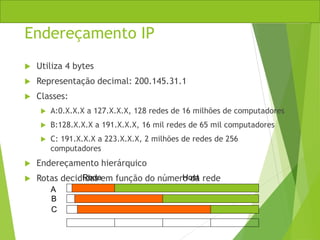 Endereçamento IP
 Utiliza 4 bytes
 Representação decimal: 200.145.31.1
 Classes:
 A:0.X.X.X a 127.X.X.X, 128 redes de 16 milhões de computadores
 B:128.X.X.X a 191.X.X.X, 16 mil redes de 65 mil computadores
 C: 191.X.X.X a 223.X.X.X, 2 milhões de redes de 256
computadores
 Endereçamento hierárquico
 Rotas decididas em função do número da rede
A
B
C
Rede Host
 
