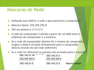 Máscaras de Rede
 Utilizado para definir a rede a qual pertence o computador
 Máscara típica: 255.255.255.0
 255 em binário é 11111111
 A rede do computador é obtida a partir de um AND entre o
endereço do computador e a máscara
 Se a rede do computador destino for a mesma do computador
origem o dado é enviado diretamente para o computador
destino através da sub-rede (ethernet)
 Se a rede for diferente os pacotes são enviados para o roteador
200.145.31.34
255.255.255.0
200.145.31.3
255.255.255.0
200.145.31.0 200.145.31.0 Mesma Rede!!
 