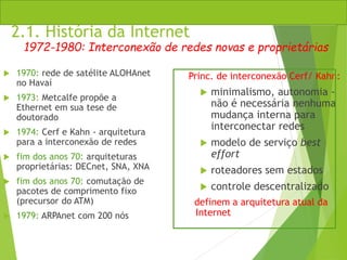 Princ. de interconexão Cerf/ Kahn:
 minimalismo, autonomia -
não é necessária nenhuma
mudança interna para
interconectar redes
 modelo de serviço best
effort
 roteadores sem estados
 controle descentralizado
definem a arquitetura atual da
Internet
2.1. História da Internet
 1970: rede de satélite ALOHAnet
no Havaí
 1973: Metcalfe propõe a
Ethernet em sua tese de
doutorado
 1974: Cerf e Kahn - arquitetura
para a interconexão de redes
 fim dos anos 70: arquiteturas
proprietárias: DECnet, SNA, XNA
 fim dos anos 70: comutação de
pacotes de comprimento fixo
(precursor do ATM)
 1979: ARPAnet com 200 nós
1972-1980: Interconexão de redes novas e proprietárias
 