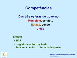 Agência Nacional de Vigilância Sanitária
www.anvisa.gov.br
Competências
Das três esferas de governo
Município, senão...
Estado, senão
União
– Exceto
• PAF
• registro e autorização de
funcionamento........termos de ajuste
 