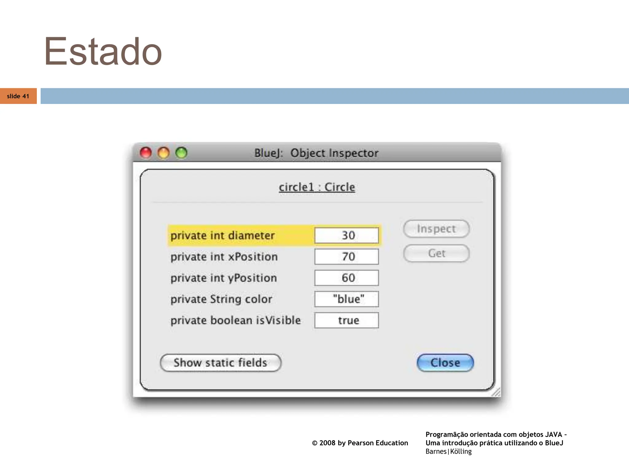 Programãção orientada com objetos JAVA –
Uma introdução prática utilizando o BlueJ
Barnes|Kölling
© 2008 by Pearson Education
slide 41
Estado
 