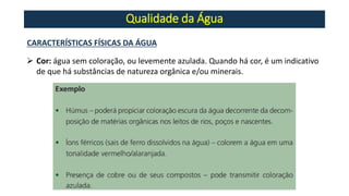 Qualidade da Água
➢ Cor: água sem coloração, ou levemente azulada. Quando há cor, é um indicativo
de que há substâncias de natureza orgânica e/ou minerais.
CARACTERÍSTICAS FÍSICAS DA ÁGUA
 