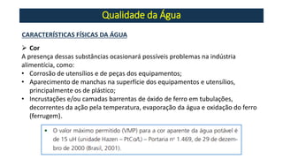 Qualidade da Água
➢ Cor
A presença dessas substâncias ocasionará possíveis problemas na indústria
alimentícia, como:
• Corrosão de utensílios e de peças dos equipamentos;
• Aparecimento de manchas na superfície dos equipamentos e utensílios,
principalmente os de plástico;
• Incrustações e/ou camadas barrentas de óxido de ferro em tubulações,
decorrentes da ação pela temperatura, evaporação da água e oxidação do ferro
(ferrugem).
CARACTERÍSTICAS FÍSICAS DA ÁGUA
 