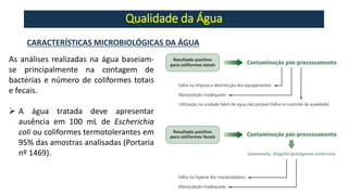 Qualidade da Água
CARACTERÍSTICAS MICROBIOLÓGICAS DA ÁGUA
As análises realizadas na água baseiam-
se principalmente na contagem de
bactérias e número de coliformes totais
e fecais.
➢ A água tratada deve apresentar
ausência em 100 mL de Escherichia
coli ou coliformes termotolerantes em
95% das amostras analisadas (Portaria
nº 1469).
 