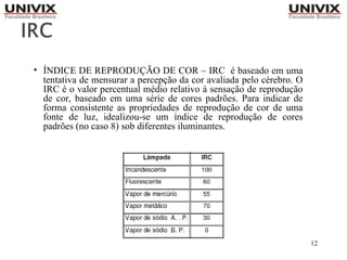 12
• ÍNDICE DE REPRODUÇÃO DE COR – IRC é baseado em uma
tentativa de mensurar a percepção da cor avaliada pelo cérebro. O
IRC é o valor percentual médio relativo à sensação de reprodução
de cor, baseado em uma série de cores padrões. Para indicar de
forma consistente as propriedades de reprodução de cor de uma
fonte de luz, idealizou-se um índice de reprodução de cores
padrões (no caso 8) sob diferentes iluminantes.
 