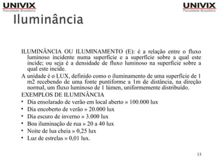 13
ILUMINÂNCIA OU ILUMINAMENTO (E): é a relação entre o fluxo
luminoso incidente numa superfície e a superfície sobre a qual este
incide; ou seja é a densidade de fluxo luminoso na superfície sobre a
qual este incide.
A unidade é o LUX, definido como o iluminamento de uma superfície de 1
m2 recebendo de uma fonte puntiforme a 1m de distância, na direção
normal, um fluxo luminoso de 1 lúmen, uniformemente distribuído.
EXEMPLOS DE ILUMINÂNCIA
• Dia ensolarado de verão em local aberto » 100.000 lux
• Dia encoberto de verão » 20.000 lux
• Dia escuro de inverno » 3.000 lux
• Boa iluminação de rua » 20 a 40 lux
• Noite de lua cheia » 0,25 lux
• Luz de estrelas » 0,01 lux.
 