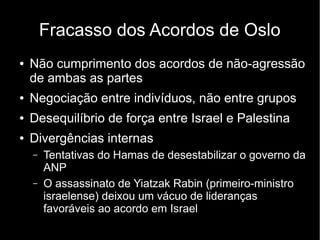 Fracasso dos Acordos de Oslo 
● Não cumprimento dos acordos de não-agressão 
de ambas as partes 
● Negociação entre indivíduos, não entre grupos 
● Desequilíbrio de força entre Israel e Palestina 
● Divergências internas 
– Tentativas do Hamas de desestabilizar o governo da 
ANP 
– O assassinato de Yiatzak Rabin (primeiro-ministro 
israelense) deixou um vácuo de lideranças 
favoráveis ao acordo em Israel 
 