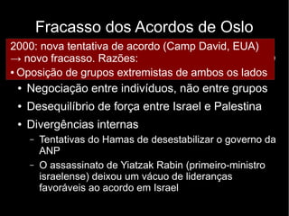 Fracasso dos Acordos de Oslo 
2000: nova tentativa de acordo (Camp David, EUA) 
→ novo fracasso. Razões: 
● Oposição de grupos extremistas de ambos os lados 
● Não cumprimento dos acordos de não-agressão 
de ambas as partes 
● Negociação entre indivíduos, não entre grupos 
● Desequilíbrio de força entre Israel e Palestina 
● Divergências internas 
– Tentativas do Hamas de desestabilizar o governo da 
ANP 
– O assassinato de Yiatzak Rabin (primeiro-ministro 
israelense) deixou um vácuo de lideranças 
favoráveis ao acordo em Israel 
 