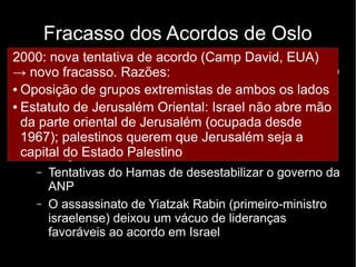 Fracasso dos Acordos de Oslo 
2000: nova tentativa de acordo (Camp David, EUA) 
→ novo fracasso. Razões: 
● Oposição de grupos extremistas de ambos os lados 
● Estatuto de Jerusalém Oriental: Israel não abre mão 
da parte oriental de Jerusalém (ocupada desde 
1967); palestinos querem que Jerusalém seja a 
capital do Estado Palestino 
● Não cumprimento dos acordos de não-agressão 
de ambas as partes 
● Negociação entre indivíduos, não entre grupos 
● Desequilíbrio de força entre Israel e Palestina 
● Divergências internas 
– Tentativas do Hamas de desestabilizar o governo da 
ANP 
– O assassinato de Yiatzak Rabin (primeiro-ministro 
israelense) deixou um vácuo de lideranças 
favoráveis ao acordo em Israel 
 