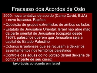Fracasso dos Acordos de Oslo 
2000: nova tentativa de acordo (Camp David, EUA) 
→ ● novo Não fracasso. cumprimento Razões: 
dos acordos de não-agressão 
● Oposição de de grupos ambas extremistas as partes 
de ambos os lados 
● Estatuto ● Negociação de Jerusalém entre indivíduos, Oriental: Israel não não entre abre grupos 
mão 
da Desequilíbrio parte oriental de de Jerusalém (ocupada 1967); ● palestinos querem força que entre Jerusalém Israel e Palestina 
desde 
seja a 
capital ● Divergências do Estado internas 
Palestino 
● Colonos israelenses que se recusam a deixar os 
assentamentos nos territórios palestinos 
● Controle das águas do rio Jordão (Israel deixaria de 
controlar parte de seu curso) 
– Tentativas do Hamas de desestabilizar o governo 
da ANP 
– O assassinato de Yiatzak Rabin (primeiro-ministro 
israelense) deixou um vácuo de lideranças 
favoráveis ao acordo em Israel 
 