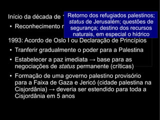 Retorno dos refugiados palestinos; 
status de Jerusalém; questões de 
segurança; destino dos recursos 
naturais, em especial o hídrico 
Início da década de 1990: 
● Reconhecimento mútuo entre a OLP e Israel 
1993: Acordo de Oslo I ou Declaração de Princípios 
● Tranferir gradualmente o poder para a Palestina 
● Estabelecer a paz imediata → base para as 
negociações de status permanente (críticas) 
● Formação de uma governo palestino provisório 
para a Faixa de Gaza e Jericó (cidade palestina na 
Cisjordânia) → deveria ser estendido para toda a 
Cisjordânia em 5 anos 
 