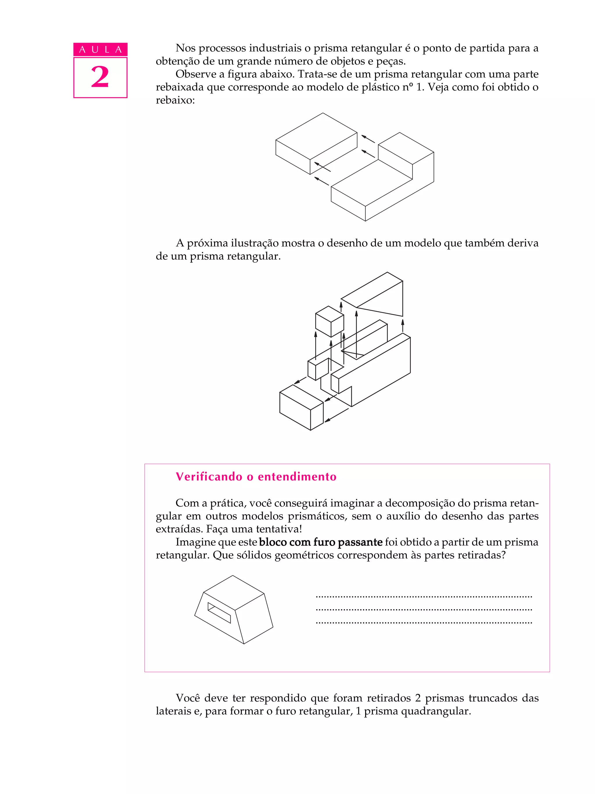 A U L A       Nos processos industriais o prisma retangular é o ponto de partida para a
          obtenção de um grande número de objetos e peças.

 2            Observe a figura abaixo. Trata-se de um prisma retangular com uma parte
          rebaixada que corresponde ao modelo de plástico nº 1. Veja como foi obtido o
          rebaixo:




              A próxima ilustração mostra o desenho de um modelo que também deriva
          de um prisma retangular.




              Verificando o entendimento

              Com a prática, você conseguirá imaginar a decomposição do prisma retan-
          gular em outros modelos prismáticos, sem o auxílio do desenho das partes
          extraídas. Faça uma tentativa!
              Imagine que este bloco com furo passante foi obtido a partir de um prisma
          retangular. Que sólidos geométricos correspondem às partes retiradas?


                                          ...............................................................................
                                          ...............................................................................
                                          ...............................................................................




               Você deve ter respondido que foram retirados 2 prismas truncados das
          laterais e, para formar o furo retangular, 1 prisma quadrangular.
 