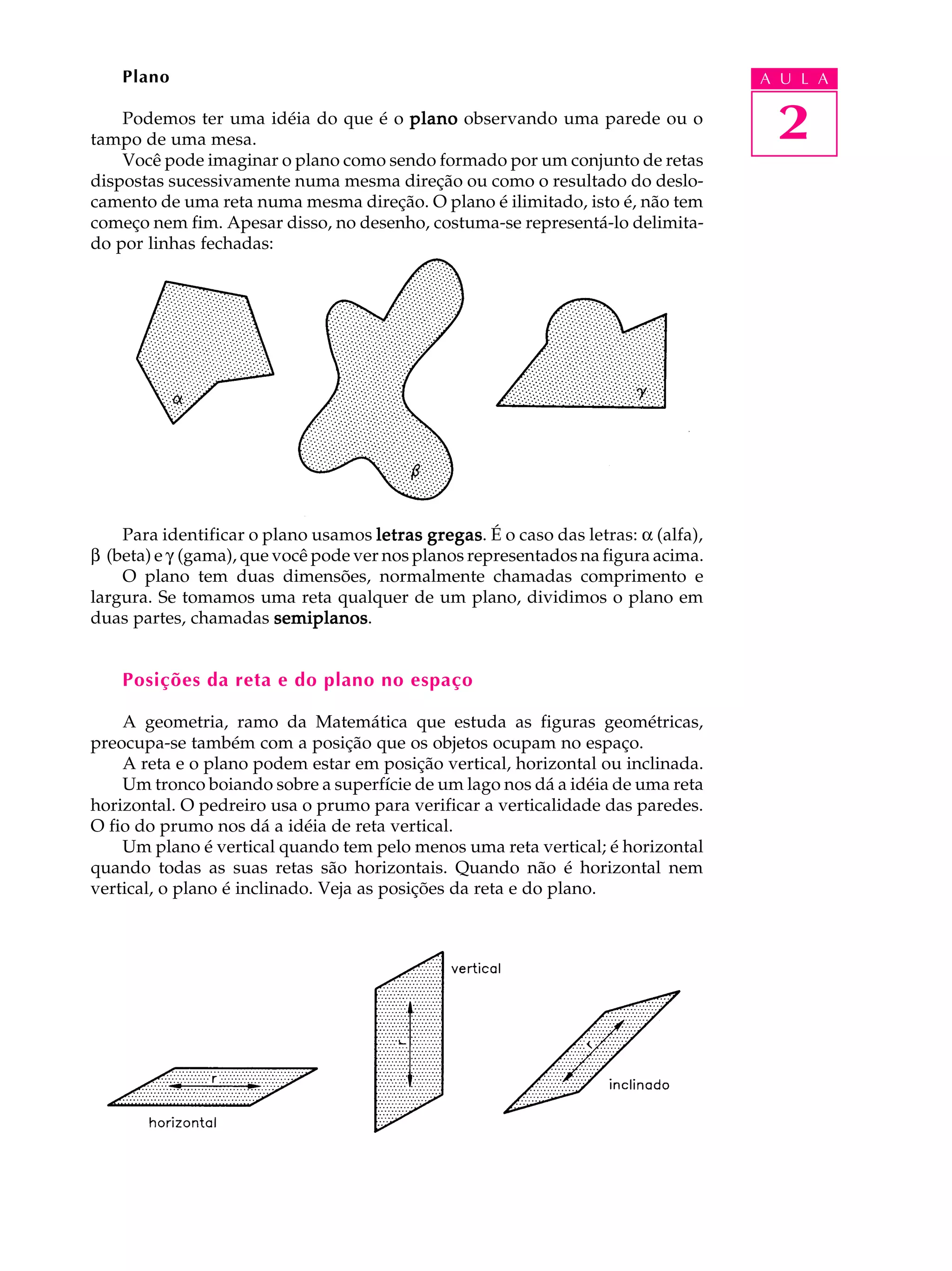 Plano                                                                          A U L A

    Podemos ter uma idéia do que é o plano observando uma parede ou o
tampo de uma mesa.                                                                  2
    Você pode imaginar o plano como sendo formado por um conjunto de retas
dispostas sucessivamente numa mesma direção ou como o resultado do deslo-
camento de uma reta numa mesma direção. O plano é ilimitado, isto é, não tem
começo nem fim. Apesar disso, no desenho, costuma-se representá-lo delimita-
do por linhas fechadas:




    Para identificar o plano usamos letras gregas É o caso das letras: a (alfa),
                                             gregas.
b (beta) e g (gama), que você pode ver nos planos representados na figura acima.
    O plano tem duas dimensões, normalmente chamadas comprimento e
largura. Se tomamos uma reta qualquer de um plano, dividimos o plano em
duas partes, chamadas semiplanos
                         semiplanos.


    Posições da reta e do plano no espaço

    A geometria, ramo da Matemática que estuda as figuras geométricas,
preocupa-se também com a posição que os objetos ocupam no espaço.
    A reta e o plano podem estar em posição vertical, horizontal ou inclinada.
    Um tronco boiando sobre a superfície de um lago nos dá a idéia de uma reta
horizontal. O pedreiro usa o prumo para verificar a verticalidade das paredes.
O fio do prumo nos dá a idéia de reta vertical.
    Um plano é vertical quando tem pelo menos uma reta vertical; é horizontal
quando todas as suas retas são horizontais. Quando não é horizontal nem
vertical, o plano é inclinado. Veja as posições da reta e do plano.
 