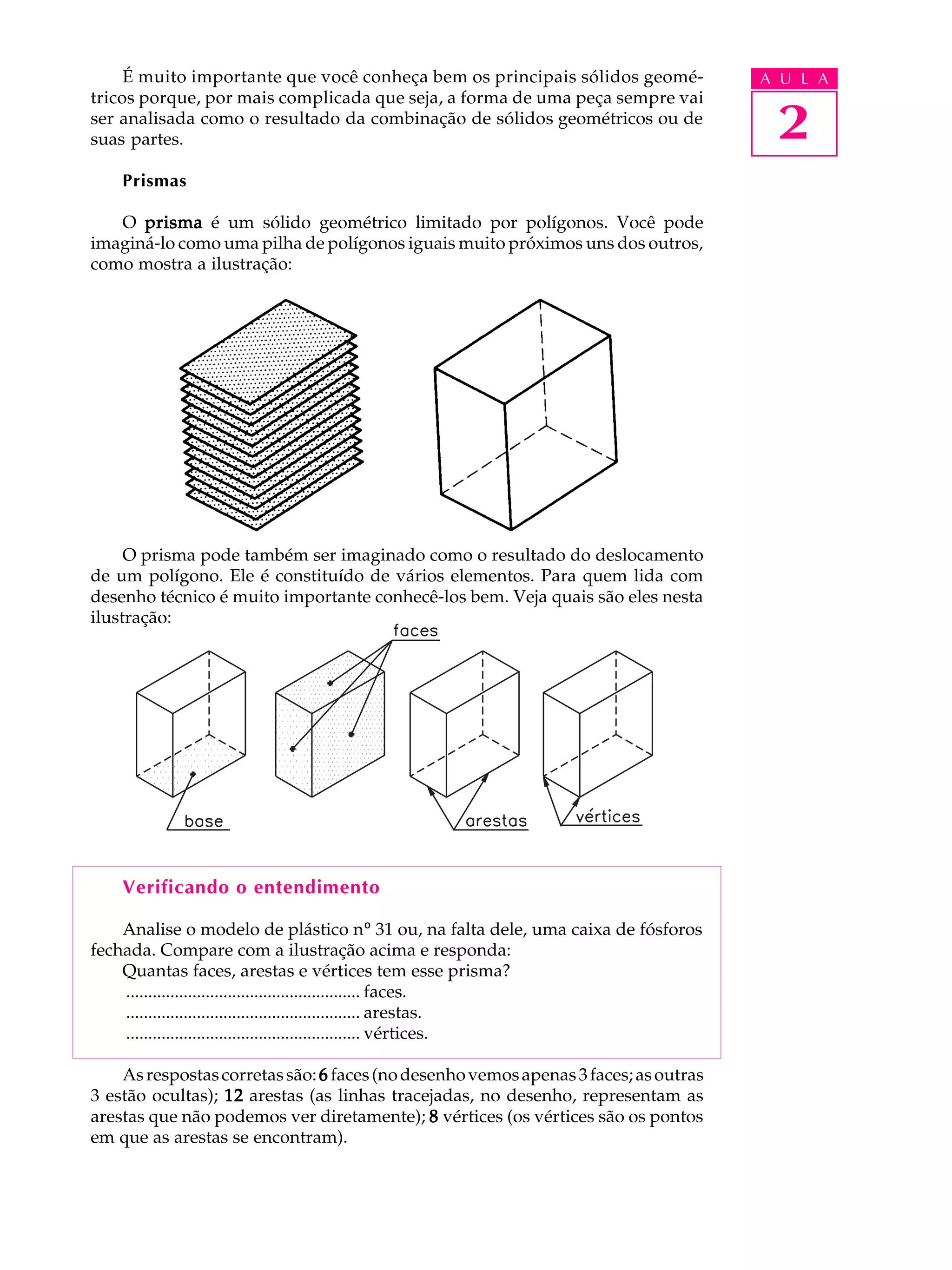É muito importante que você conheça bem os principais sólidos geomé-            A U L A


                                                                                      2
tricos porque, por mais complicada que seja, a forma de uma peça sempre vai
ser analisada como o resultado da combinação de sólidos geométricos ou de
suas partes.

    Prismas

   O prisma é um sólido geométrico limitado por polígonos. Você pode
imaginá-lo como uma pilha de polígonos iguais muito próximos uns dos outros,
como mostra a ilustração:




     O prisma pode também ser imaginado como o resultado do deslocamento
de um polígono. Ele é constituído de vários elementos. Para quem lida com
desenho técnico é muito importante conhecê-los bem. Veja quais são eles nesta
ilustração:




    Verificando o entendimento

    Analise o modelo de plástico nº 31 ou, na falta dele, uma caixa de fósforos
fechada. Compare com a ilustração acima e responda:
    Quantas faces, arestas e vértices tem esse prisma?
    ..................................................... faces.
    ..................................................... arestas.
    ..................................................... vértices.

    As respostas corretas são: 6 faces (no desenho vemos apenas 3 faces; as outras
3 estão ocultas); 12 arestas (as linhas tracejadas, no desenho, representam as
arestas que não podemos ver diretamente); 8 vértices (os vértices são os pontos
em que as arestas se encontram).
 