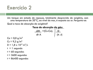 Exercício 2
Um tanque em estado de repouso, totalmente desprovido de oxigênio, com
uma temperatura de 20°C, ao nível do mar, é exposto ao ar. Pergunta-se:
Qual a taxa de absorção de oxigênio?

Taxa de absorção do gás:
_dM_ =(Cs-Co). _D_
dt A
(π .t)
Co = 0,0 g/m3
Cs = 9,2 g/m3
D = 1,8 x 10-9 m2/s
t = 1 segundo
t = 60 segundos
t = 3600 segundos
t = 86400 segundos

 