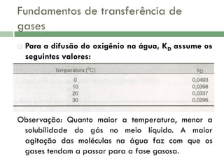 Fundamentos de transferência de
gases


Para a difusão do oxigênio na água, KD assume os
seguintes valores:

Observação: Quanto maior a temperatura, menor a
solubilidade do gás no meio líquido. A maior
agitação das moléculas na água faz com que os
gases tendam a passar para a fase gasosa.

 