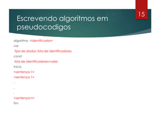 Escrevendo algoritmos em
pseudocodigos
algoritmo <identificador>
var
tipo de dados: lista de identificadores
const
lista de identificadores=valor
inicio
<sentença 1>
<sentença 1>
.
.
.
<sentença n>
fim
15
 