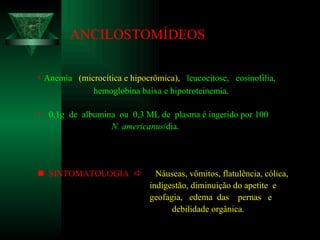 ANCILOSTOMÍDEOS    Anemia  (microcítica e hipocrômica),  leucocitose,  eosinofilia,  hemoglobina baixa e hipotroteinemia .    0,1g  de  albumina  ou  0,3 ML de  plasma é ingerido por 100 N. americanus /dia.    SINTOMATOLOGIA     Náuseas, vômitos, flatulência, cólica, indigestão, diminuição do apetite  e geofagia,  edema  das  pernas  e  debilidade orgânica.  