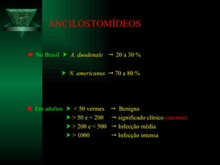 ANCILOSTOMÍDEOS    No Brasil     A. duodenale     20 a 30 %    N. americanus     70 a 80 %    Em adultos     < 50 vermes     Benigna    > 50 e < 200    significado clínico  (anemia)    > 200 e < 500    Infecção média    > 1000    Infecção intensa 