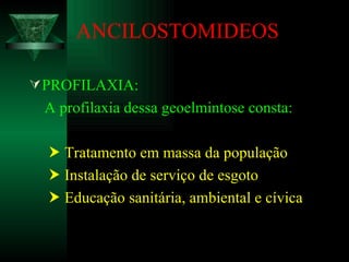 ANCILOSTOMIDEOS PROFILAXIA: A profilaxia dessa geoelmintose consta:    Tratamento em massa da população    Instalação de serviço de esgoto    Educação sanitária, ambiental e cívica 