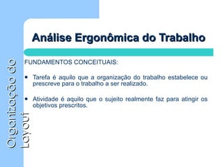 Análise Ergonômica do Trabalho FUNDAMENTOS CONCEITUAIS: Tarefa é aquilo que a organização do trabalho estabelece ou prescreve para o trabalho a ser realizado. Atividade é aquilo que o sujeito realmente faz para atingir os objetivos prescritos. 