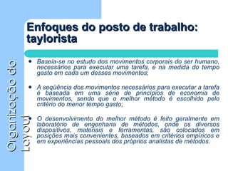 Enfoques do posto de trabalho: taylorista Baseia-se no estudo dos movimentos corporais do ser humano, necessários para executar uma tarefa, e na medida do tempo gasto em cada um desses movimentos ; A seqüência dos movimentos necessários para executar a tarefa é baseada em uma série de princípios de economia de movimentos, sendo que o melhor método é escolhido pelo critério do menor tempo gasto ; O desenvolvimento do melhor método é feito geralmente em laboratório de engenharia de métodos, onde os diversos dispositivos, materiais e ferramentas, são colocados em posições mais convenientes, baseados em critérios empíricos e em experiências pessoais dos próprios analistas   de métodos. 