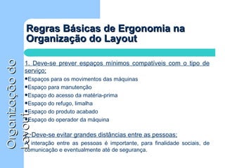Regras Básicas de Ergonomia na Organização do Layout 1. Deve-se prever espaços mínimos compatíveis com o tipo de serviço; Espaços para os movimentos das máquinas Espaço para manutenção Espaço do acesso da matéria-prima Espaço do refugo, limalha Espaço do produto acabado Espaço do operador da máquina 2. Deve-se evitar grandes distâncias entre as pessoas; A interação entre as pessoas é importante, para finalidade sociais, de comunicação e eventualmente até de segurança. 