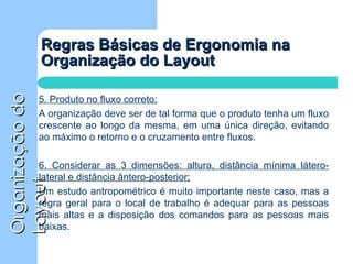Regras Básicas de Ergonomia na Organização do Layout 5. Produto no fluxo correto; A organização deve ser de tal forma que o produto tenha um fluxo crescente ao longo da mesma, em uma única direção, evitando ao máximo o retorno e o cruzamento entre fluxos. 6. Considerar as 3 dimensões: altura, distância mínima látero-lateral e distância ântero-posterior; Um estudo antropométrico é muito importante neste caso, mas a regra geral para o local de trabalho é adequar para as pessoas mais altas e a disposição dos comandos para as pessoas mais baixas. 
