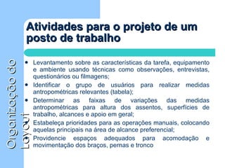 Levantamento sobre as características da tarefa, equipamento e ambiente usando técnicas como observações, entrevistas, questionários ou filmagens; Identificar o grupo de usuários para realizar medidas antropométricas relevantes (tabela); Determinar as faixas de variações das medidas antropométricas para altura dos assentos, superfícies de trabalho, alcances e apoio em geral; Estabeleça prioridades para as operações manuais, colocando aquelas principais na área de alcance preferencial; Providencie espaços adequados para acomodação e movimentação dos braços, pernas e tronco Atividades para o projeto de um posto de trabalho 