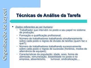 OrganizaçãodoOrganizaçãodoLayoutLayout
Técnicas de Análise da TarefaTécnicas de Análise da Tarefa
 Dados referentes ao ser humano:
– Trabalhador que intervém no posto e seu papel no sistema
de produção;
– Formação e qualificação profissional;
– Número de trabalhadores trabalhando simultaneamente
sobre cada posto e regras de divisão de tarefas (quem faz o
que?);
– Número de trabalhadores trabalhando sucessivamente
sobre cada posto e regras de sucessão (horários, modos de
alternância de equipes);
– Características da população: idade, sexo, forma de
admissão, remuneração, estabilidade no posto e na
empresa, absenteísmo, turnover, sindicalização,...
 