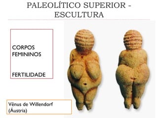 PALEOLÍTICO SUPERIOR -
ESCULTURA
CORPOS
FEMININOS
FERTILIDADE
Vênus de Willendorf
(Áustria)
 