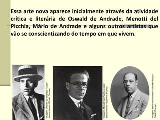 Essa arte nova aparece inicialmente através da atividade
crítica e literária de Oswald de Andrade, Menotti del
Picchia, Mário de Andrade e alguns outros artistas que
vão se conscientizando do tempo em que vivem.
Imagem:OswalddeAndrade/Autor
desconhecido/PublicDomain.
Imagem:MenottidelPicchia/Autor
desconhecido/DomínioPublico.
Imagem:MariodeAndrade/MichelleRizzo/
PublicDomain.
 