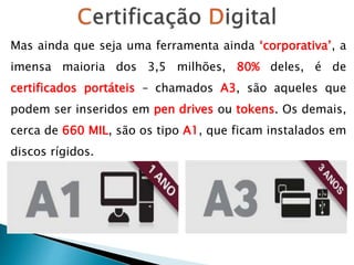 Mas ainda que seja uma ferramenta ainda ‘corporativa’, a
imensa maioria dos 3,5 milhões, 80% deles, é de
certificados portáteis – chamados A3, são aqueles que
podem ser inseridos em pen drives ou tokens. Os demais,
cerca de 660 MIL, são os tipo A1, que ficam instalados em
discos rígidos.
 