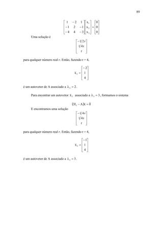 89
⎥
⎥
⎥
⎦
⎤
⎢
⎢
⎢
⎣
⎡
=
⎥
⎥
⎥
⎦
⎤
⎢
⎢
⎢
⎣
⎡
⎥
⎥
⎥
⎦
⎤
⎢
⎢
⎢
⎣
⎡
−−
−−
−
0
0
0
x
x
x
344
121
121
3
2
1
Uma solução é
⎥
⎥
⎥
⎦
⎤
⎢
⎢
⎢
⎣
⎡−
r
r41
r21
para qualquer número real r. Então, fazendo r = 4,
⎥
⎥
⎥
⎦
⎤
⎢
⎢
⎢
⎣
⎡−
=
4
1
2
x2
v
é um autovetor de A associado a 22 =λ .
Para encontrar um autovetor 3x
v
associado a 33 =λ , formamos o sistema
( ) 0xAI3 3
vv
=−
E encontramos uma solução
⎥
⎥
⎥
⎦
⎤
⎢
⎢
⎢
⎣
⎡−
r
r41
r41
para qualquer número real r. Então, fazendo r = 4,
⎥
⎥
⎥
⎦
⎤
⎢
⎢
⎢
⎣
⎡−
=
4
1
1
x3
v
é um autovetor de A associado a 33 =λ .
 