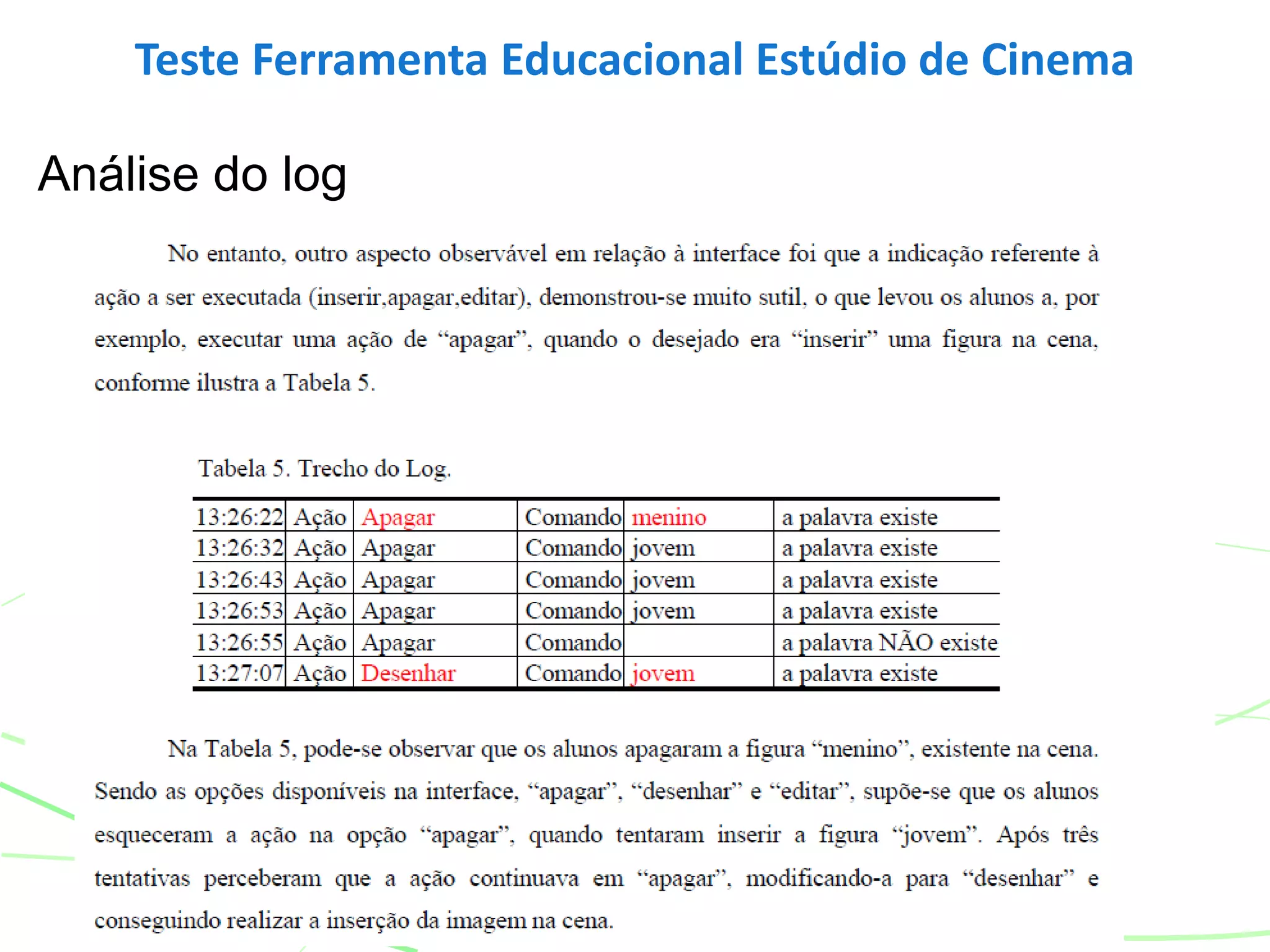 Teste Ferramenta Educacional Estúdio de Cinema
Análise do log
 
