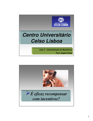Centro Universitário
   Celso Lisboa
       Aula 5 – Administração de Benefícios.
                         Prof. Angelo Peres




   É eficaz recompensar
    com incentivos?



                                               1
 