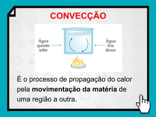 CONVECÇÃO




É o processo de propagação do calor
pela movimentação da matéria de
uma região a outra.
 