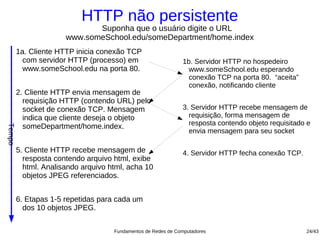 HTTP não persistente
                             Suponha que o usuário digite o URL
                      www.someSchool.edu/someDepartment/home.index
        1a. Cliente HTTP inicia conexão TCP
          com servidor HTTP (processo) em                     1b. Servidor HTTP no hospedeiro
          www.someSchool.edu na porta 80.                       www.someSchool.edu esperando
                                                                conexão TCP na porta 80. “aceita”
                                                                conexão, notificando cliente
        2. Cliente HTTP envia mensagem de
          requisição HTTP (contendo URL) pelo
          socket de conexão TCP. Mensagem                     3. Servidor HTTP recebe mensagem de
          indica que cliente deseja o objeto                    requisição, forma mensagem de
          someDepartment/home.index.                            resposta contendo objeto requisitado e
Tempo




                                                                envia mensagem para seu socket

        5. Cliente HTTP recebe mensagem de                    4. Servidor HTTP fecha conexão TCP.
          resposta contendo arquivo html, exibe
          html. Analisando arquivo html, acha 10
          objetos JPEG referenciados.


        6. Etapas 1-5 repetidas para cada um
          dos 10 objetos JPEG.

                                    Fundamentos de Redes de Computadores                            24/43
 