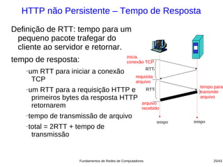 HTTP não Persistente – Tempo de Resposta

Definição de RTT: tempo para um
 pequeno pacote trafegar do
 cliente ao servidor e retornar.
                                                inicia
tempo de resposta:                              conexão TCP
                                                             RTT
   −   um RTT para iniciar a conexão
                                                     requisita
        TCP                                          arquivo
                                                                             tempo para
   −   um RTT para a requisição HTTP e                       RTT
                                                                             transmitir
        primeiros bytes da resposta HTTP                                     arquivo
                                                         arquivo
        retornarem                                       recebido
   −   tempo de transmissão de arquivo
                                                                   tempo   tempo
   −   total = 2RTT + tempo de
        transmissão


                      Fundamentos de Redes de Computadores                         25/43
 