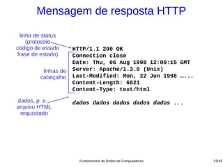 Mensagem de resposta HTTP

 linha de status
    (protocolo
código de estado      HTTP/1.1 200 OK
frase de estado)      Connection close
                      Date: Thu, 06 Aug 1998 12:00:15 GMT
          linhas de   Server: Apache/1.3.0 (Unix)
         cabeçalho    Last-Modified: Mon, 22 Jun 1998 …...
                      Content-Length: 6821
                      Content-Type: text/html

dados, p. e.,         dados dados dados dados dados ...
arquivo HTML
 requisitado




                        Fundamentos de Redes de Computadores   31/43
 